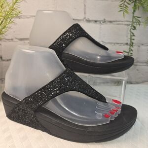 FITFLOP BLACK GLITTER SPARKLE FLIP FLOP THONG SANDAL SLIP ON WOMENS 6